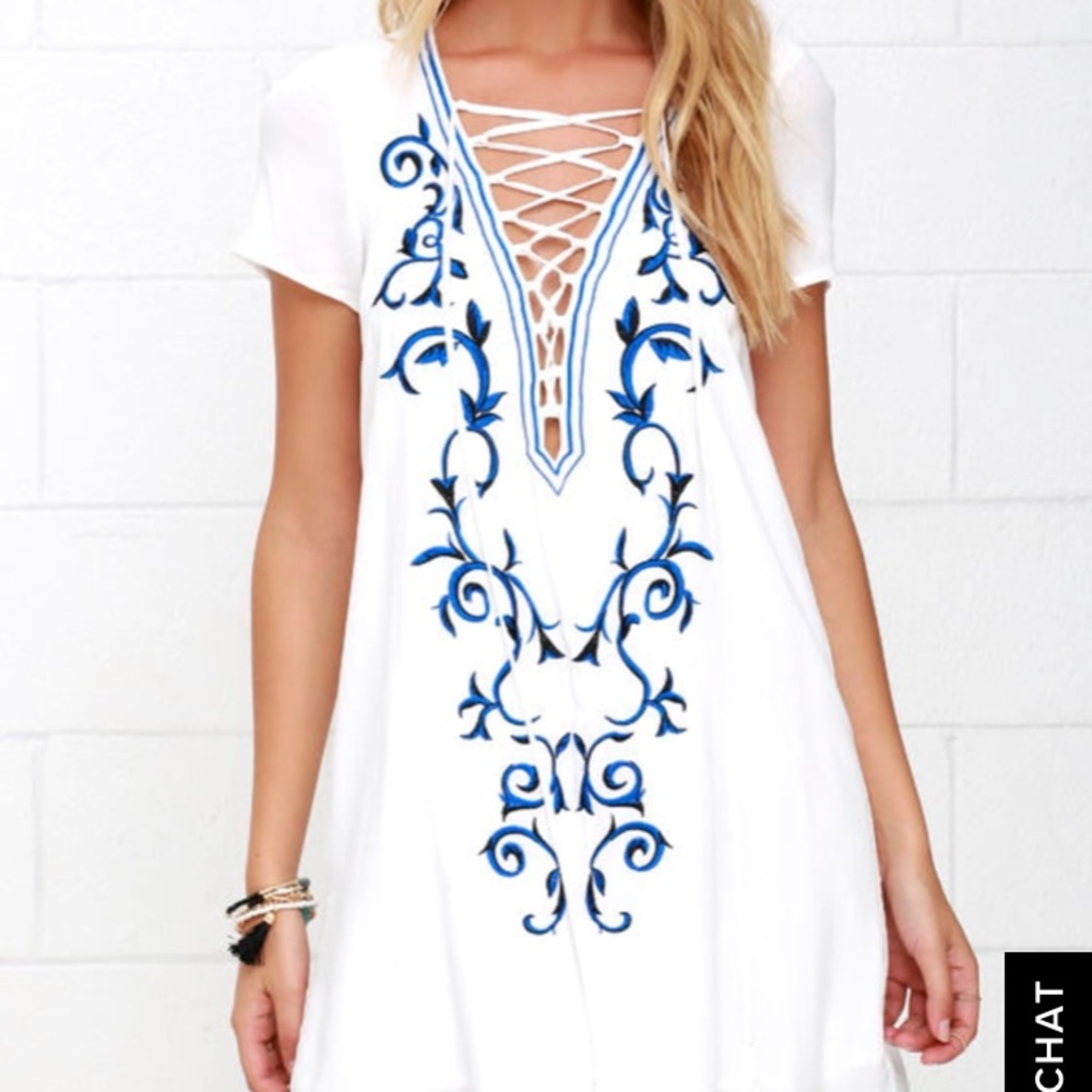 Embroidered Lace-up T-Shirt Dress